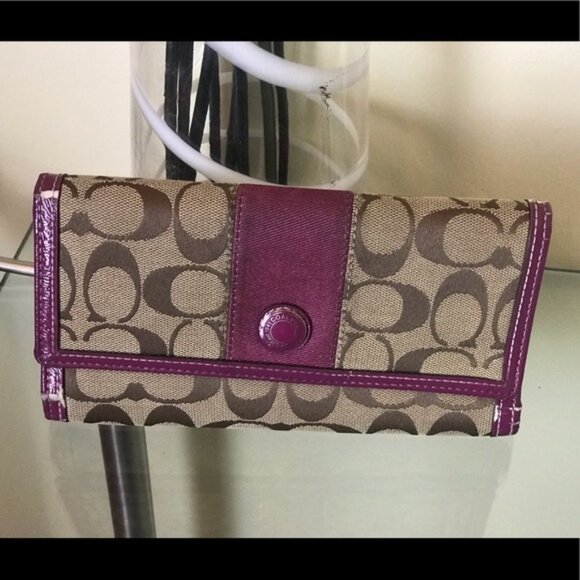 COACH Signature Tan Purple Leather Large Wallet Monogram Organizer Clutch Canvas - Picture 1 of 8